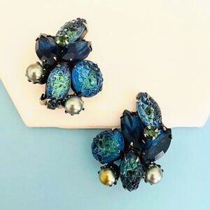Kramer of NY Vintage Art Glass Blue Multi Crystal Clip On Earrings